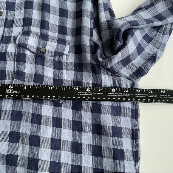 Michael Kors 100% Linen Shirt XL Blue Tailored Fit Pocket Plaid Snap Western Y2K - Picture 5 of 11
